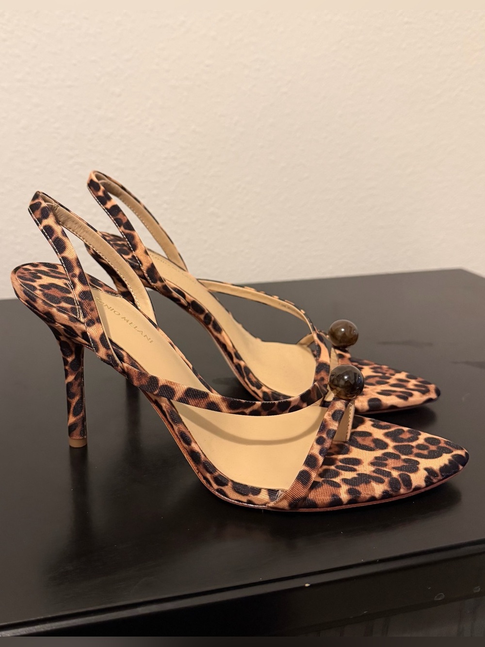 ANTONIO MELANI Leopard-Print Slingback Heels with Bead Accent